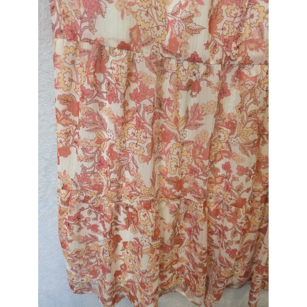 Sugarlips Floral Midi Dress Women's Size M Pink Lurex Shimmer Tiered Long Sleeve